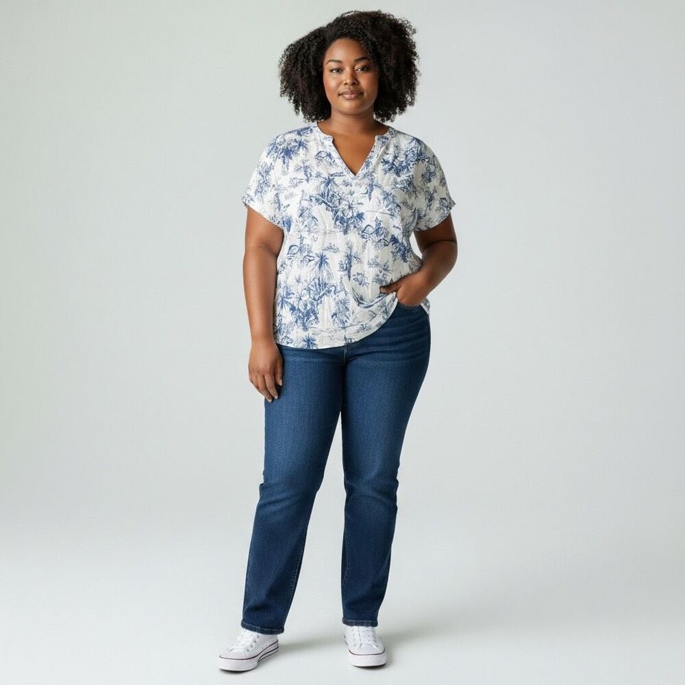 Tahari Women's 3X Tropical V-Neck Linen Blend Short Sleeve Coastal Blouse Top